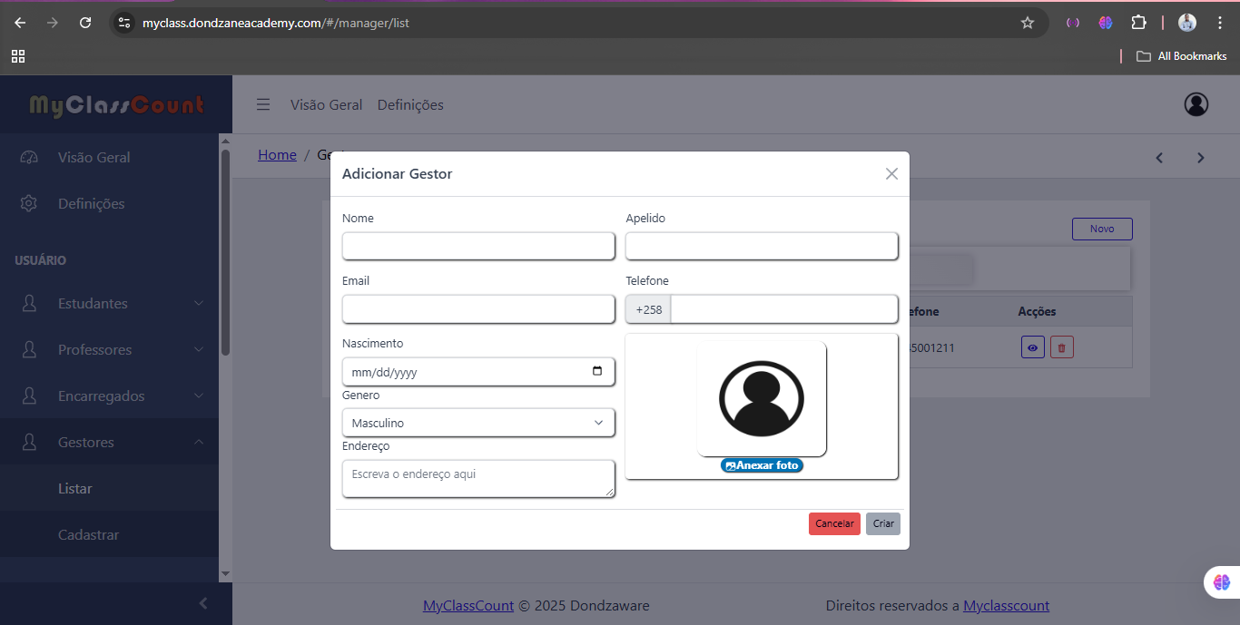 Formulário de gestor
